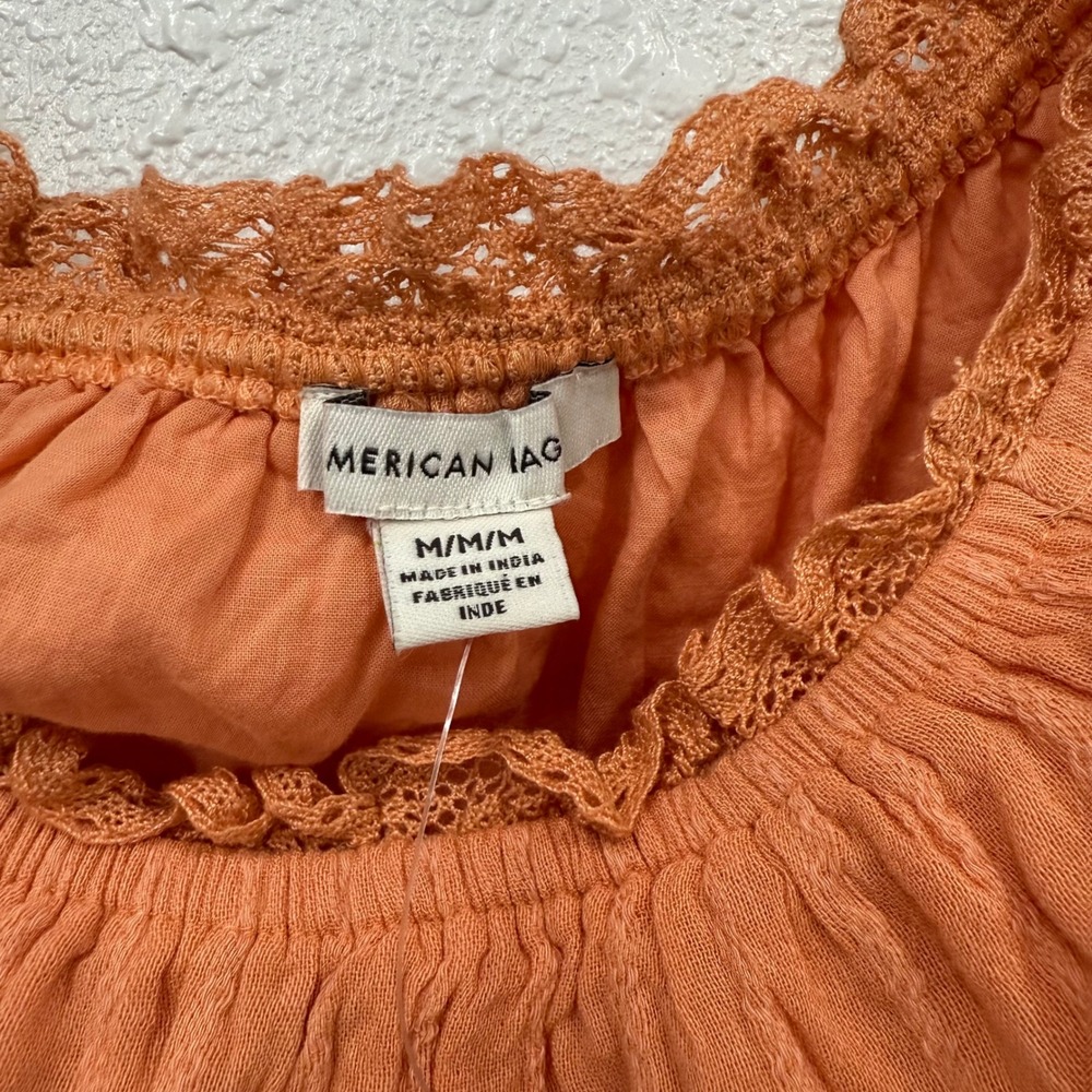 American Eagle Orange Cropped Square Neck Lace Trim Off Shoulder Top M - Picture 2 of 7